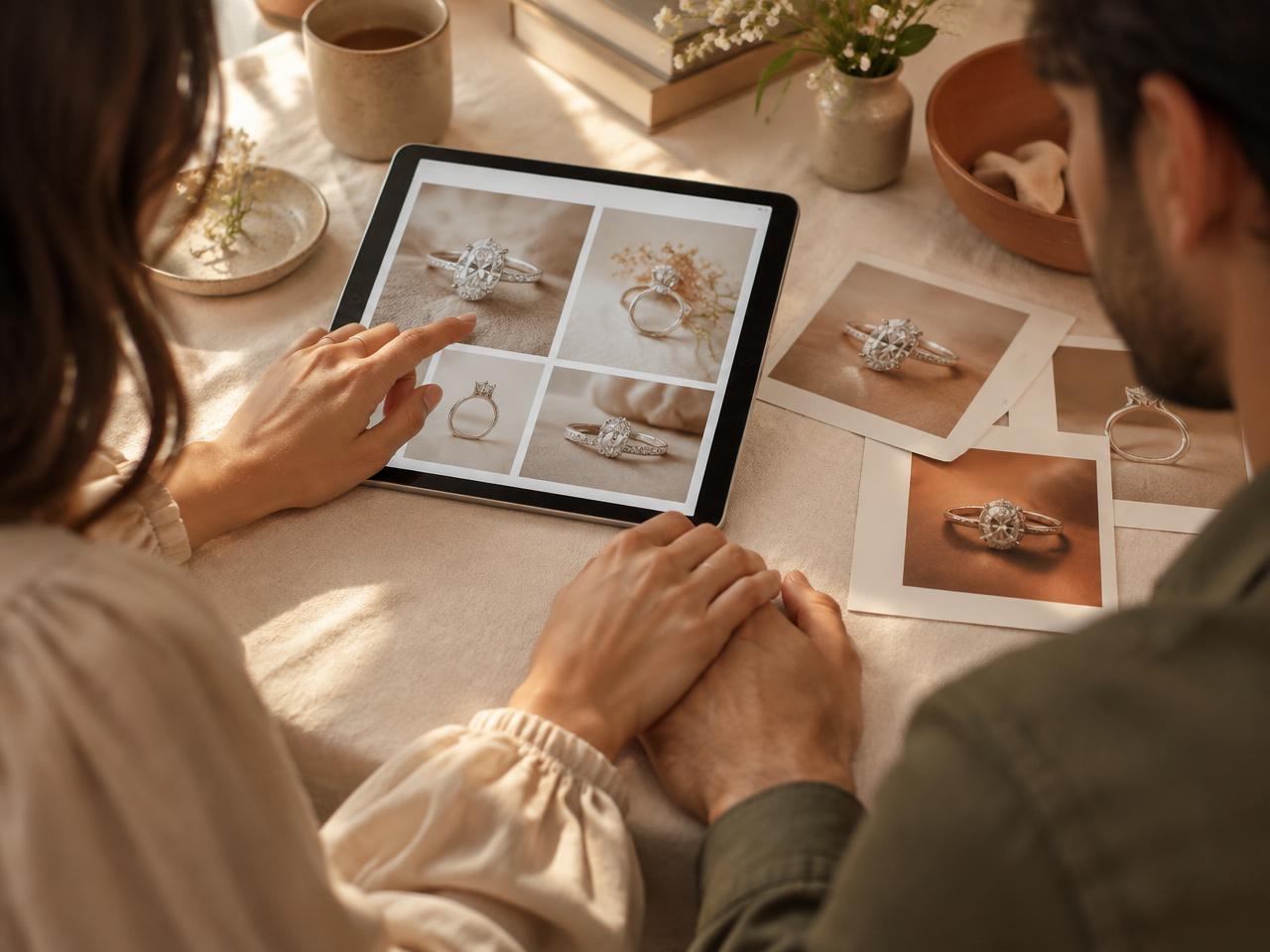 A couple looking through engagement ring photographs together at a table